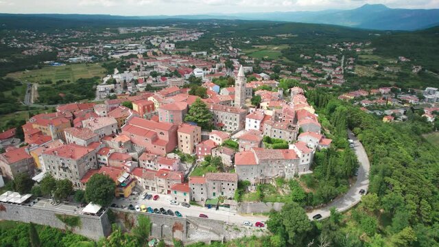 Historic town of Labin on picturesque hill aerial view, Istria region of Croatia