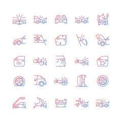 Car accident types gradient linear vector icons set. Road traffic crashes. Distracted driving. Risk for serious injury. Thin line contour symbols bundle. Isolated outline illustrations collection