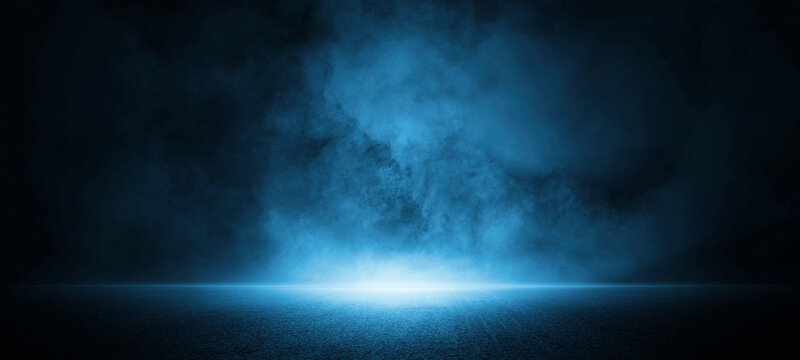 Dark street, asphalt abstract dark blue background, empty dark scene, neon light, spotlights The concrete floor and studio room with smoke float up the interior texture for display products