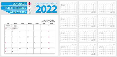 Wall calendar planner for 2022. English language, week starts from Sunday.