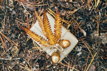 A gift wrapped in craft paper and decorated with dried fern leaves and glass acorns on a tree trunk. 