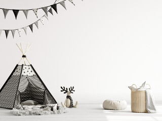 wall mockup in scandinian style children's room with toys and wigwam