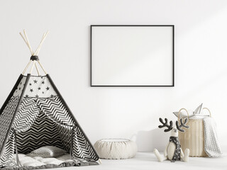 frame mockup in scandinian style children's room with toys and wigwam © VNmockup