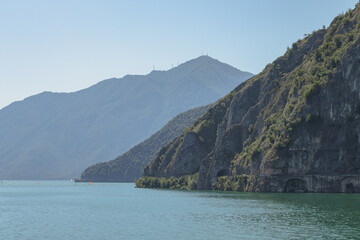 Naklejka premium View of Iseo Lake from the town of Castro. Copy space.
