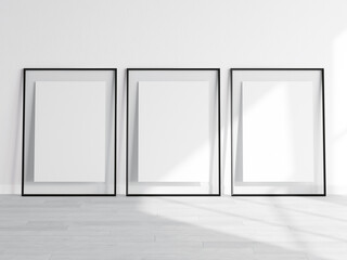 Three black frames mockup with glass border, poster mockup, print mockup, gallery mockup, minimalist mockup, 3d render