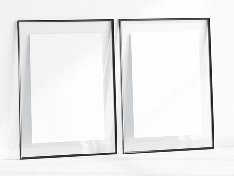 Two black frames mockup with glass border, poster mockup, print mockup, gallery mockup, minimalist mockup, 3d render