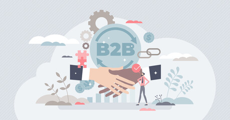 Fototapeta na wymiar B2B Business model concept, tiny person vector illustration. Commercial transactions between business entities. Partnership network building and industry collaboration. Selling and producing products.
