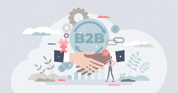 B2B Business model concept, tiny person vector illustration. Commercial transactions between business entities. Partnership network building and industry collaboration. Selling and producing products.