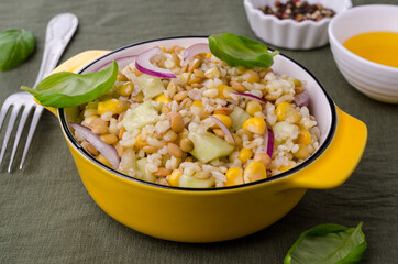 Lentil salad with wheat and vegetables