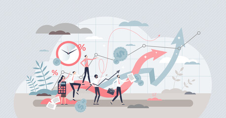 Sales force growth team in action, cooperation teamwork tiny person concept. Business financial success and market strategy improvement based on data. Leading and managing goal oriented sales people.