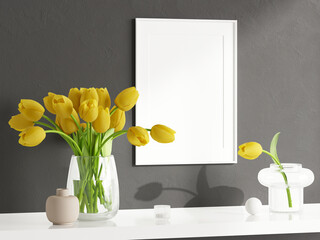 frame mockup with tulips in a vase on the table, frame mockup with flowers