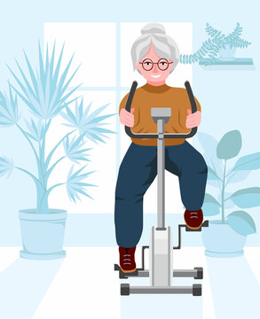 Smiling grandma on exercise bike. An elderly woman practicing in gym or home. The concept of longevity and a healthy lifestyle. Vector isolated flat illustration