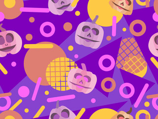 Geometric shapes with pumpkins. Halloween seamless pattern in memphis style 80s. Background for printing on paper, advertising materials and fabric. Vector illustration