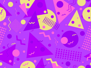 Memphis seamless pattern. Geometric elements memphis in the style of 80's. Trendy retro background for printing on paper, advertising materials and fabric. Vector illustration