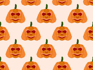 Pixel art pumpkin seamless pattern. Jack-o lantern 8-bit graphics. Halloween design for wrapping paper, banners and promotional materials. Vector illustration