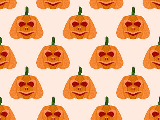 Pixel art pumpkin seamless pattern. Jack-o lantern 8-bit graphics. Halloween design for wrapping paper, banners and promotional materials. Vector illustration