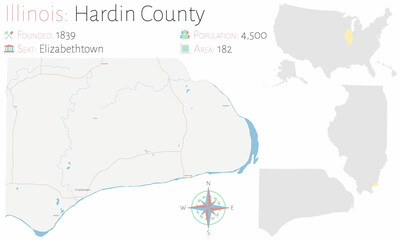 Map on an old playing card of Hardin county in Illinois, USA.