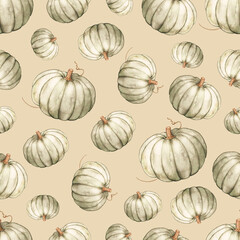Seamless white pumpkins watercolor  pattern.  Fall pumpkin. Thanksgiving pumpkin background