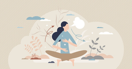 Breathe in air as healthy mindfulness practice for calm tiny person concept. Meditation with easy breathing for inner energy focus and stress control vector illustration. Mental self care for harmony.