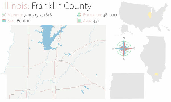Map on an old playing card of Franklin county in Illinois, USA.