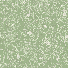 Outline roses seamless repeat pattern. Cottage core, random placed, vector line art flowers all over surface pattern with sage green background.