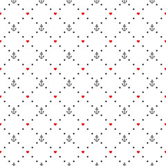 Seamless pattern with red hearts and anchors