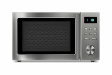 Realistic Microwave Isolated on White Background. Front View of Stainless Steel Over the Range Microwave Oven. Household Kitchen and Domestic Appliances. Home Innovation. Vector 3D