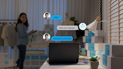 Chatbot conversation on laptop screen app interface with artificial intelligence technology...