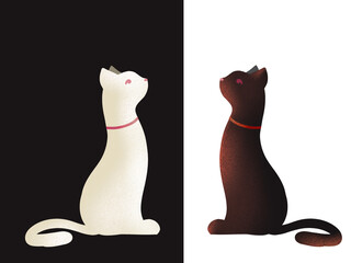 White and brown cats, in profile with red collars,  statue of cats in profile, illustrations of cats isolated on a chess background.