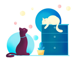 White cat and violet cat plays in the room. living room interior  design with cat lying on the chest dangling his paw down in. Illustration of animal personage,  cats look at each other.