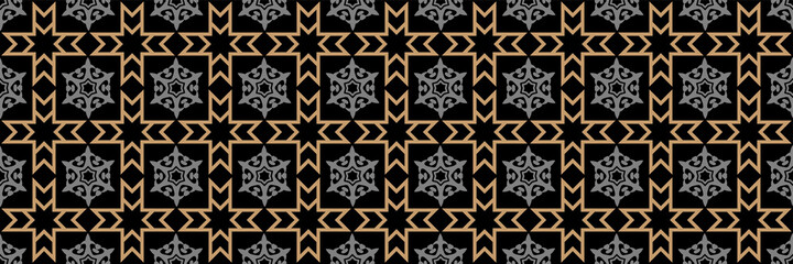 Background pattern with decorative vintage style ornament on a black background. Seamless pattern, texture. Vector image.