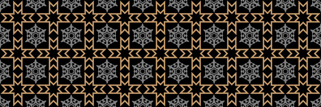 Background pattern with decorative vintage style ornament on a black background. Seamless pattern, texture. Vector image.