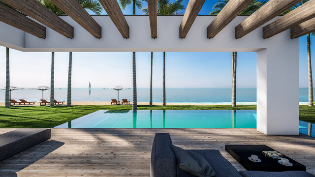 3d rendering of modern cozy house with pool and parking for sale or rent in luxurious style by the sea or ocean. Sunny day by the azure coast with palm trees and flowers in tropical island