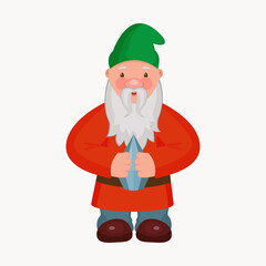 A colorful happy hobbit garden gnome in a green hat holds a diamond in his hands. A fabulous character in a flat style