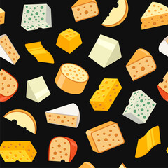 Cheese Seamless Pattern on Black Background. Vector