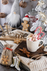 Gingerbread with mug of hot chocolate and candy cane.