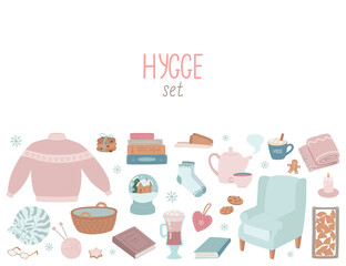 Set of interior items isolated on white, hugge, cozy home, with copy space for your text. The concept of coziness and comfort, vector hand-drawn illustration in a cute style.
