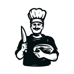 Chef with knife for cutting meat. Butcher shop logo. Food concept design element for restaurant menu