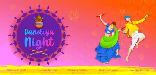 Obraz na płótnie Canvas Dandiya in disco Garba Night banner poster for Navratri Dussehra festival of India