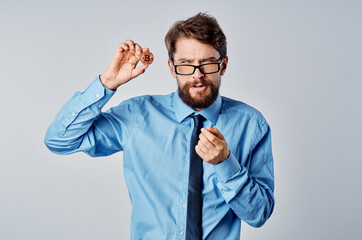 emotional business man calculator cryptocurrency bitcoin financial manager