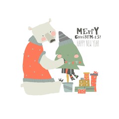 Cute Cartoon Polar Bear decorating Christmas Tree