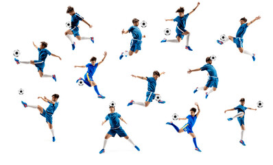 Fototapeta na wymiar Collage made of shots of one professional football soccer player with ball in motion, action isolated on white studio background.