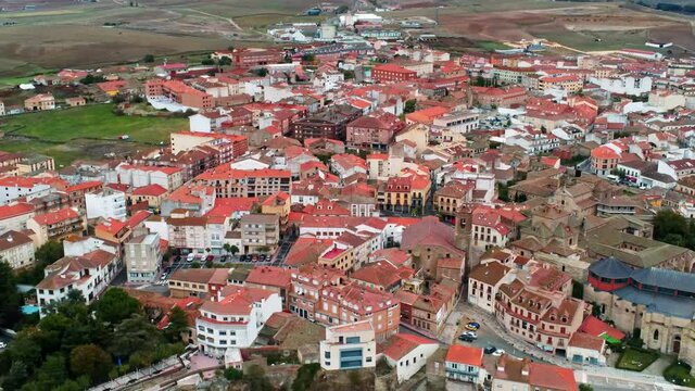 An aerial view of a small town Alba de Tormes in western Spain