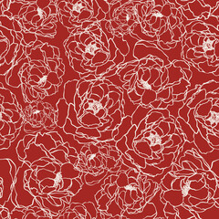 Outline roses seamless repeat pattern. Cottage core, random placed, vector line art flowers all over surface pattern with red background.