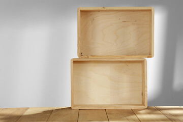 Desk of free space and home interior with wall and shadows. 
