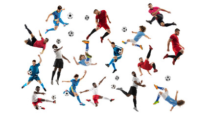 Collage made of professional football soccer players with ball in motion, action isolated on white studio background. © master1305