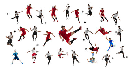 Fototapeta na wymiar Collage made of professional football soccer players with ball in motion, action isolated on white studio background.