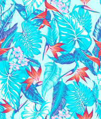  seamless pattern Exotic   wallpaper of tropical flowers  green leaves of palm trees and flowers bird of paradis, hibiscus, artwork for fabrics, souvenirs, packaging, greeting cards  © Aglaia