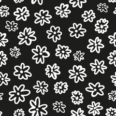 Outline doodle flower heads seamless repeat pattern. Random placed, vector millefleurs minimal all over print on black background.