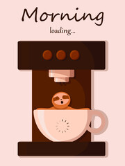 Sloth relax in a cup of coffee. Mug with morning loading indicator. Cute cartoon character. Wild jungle animals collection. My spirit animal. Vector illustration